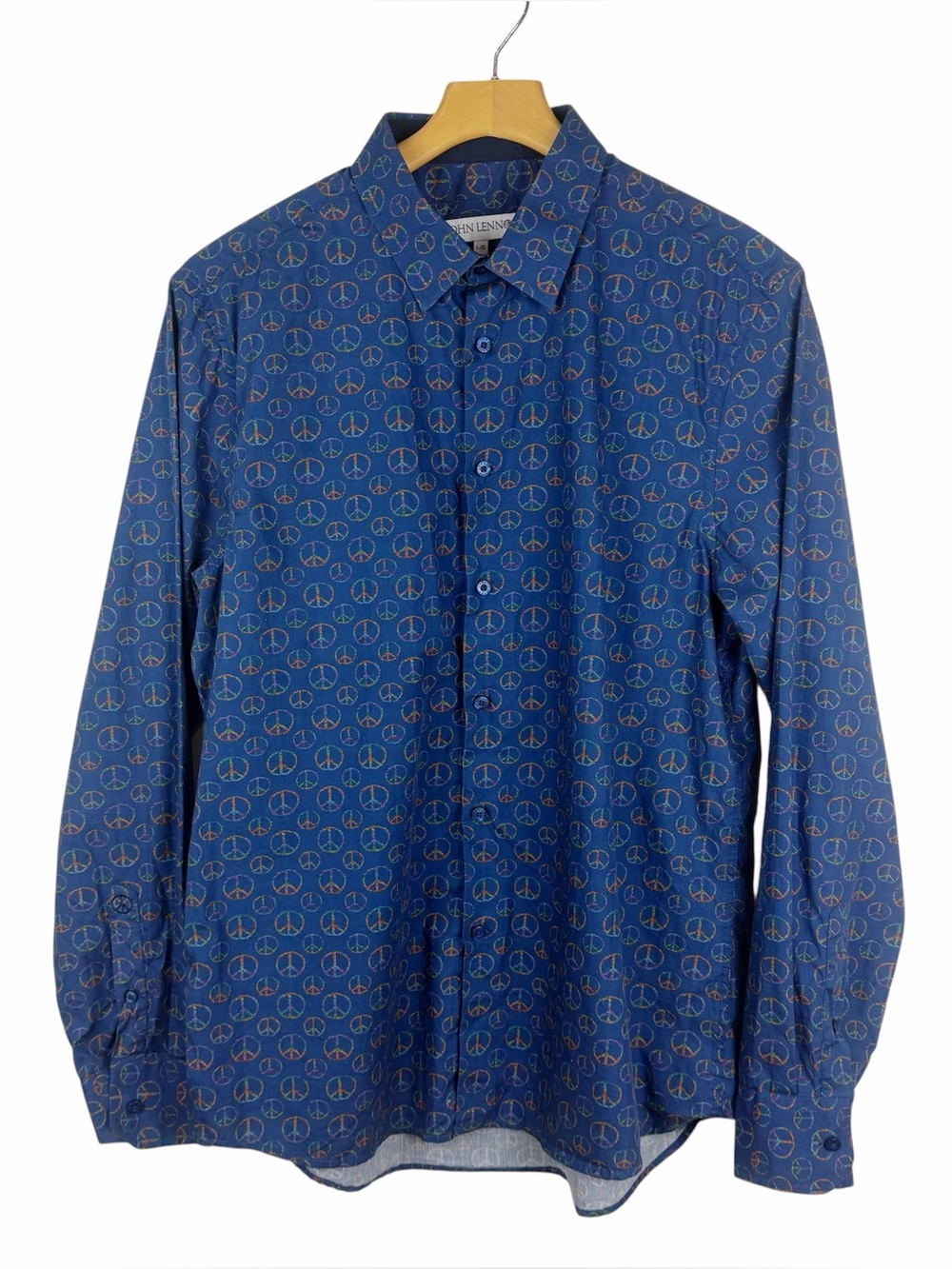 John Lennon Peace Sign Long Sleeve Button Down Blue Shirt Size Large